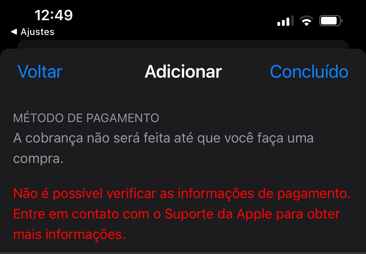 Não consigo add um novo método de pa Comunidade da Apple