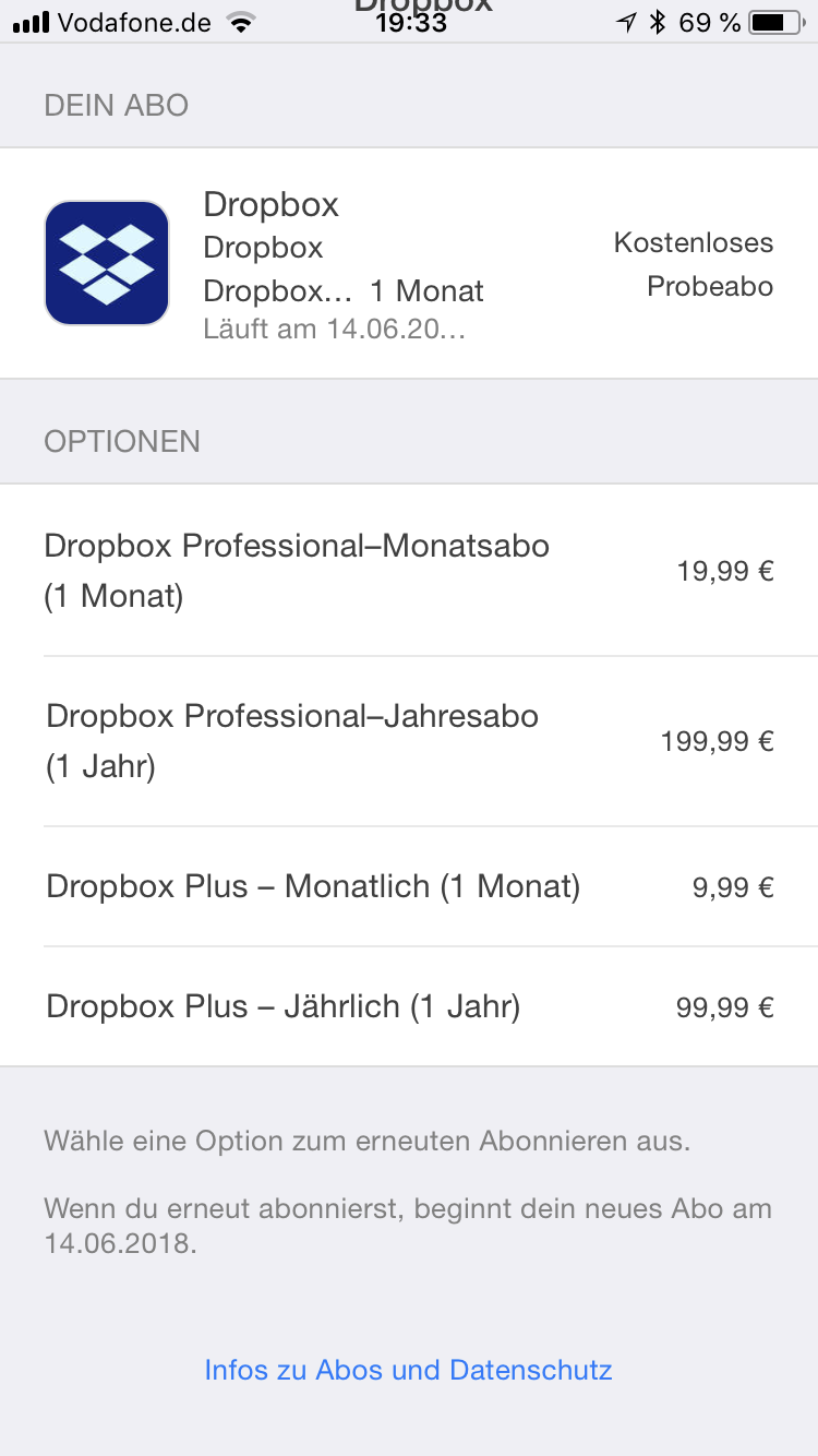 Dropbox Probeabo kündigen - Apple Community