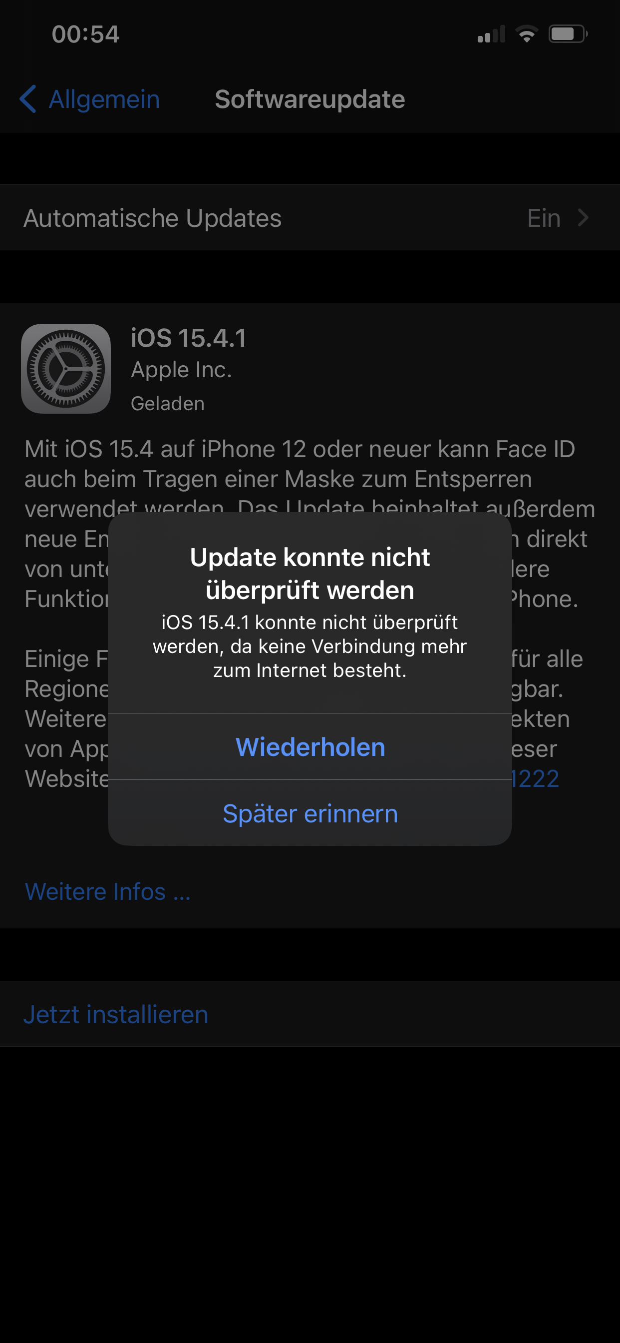 iOS 15.4.1 Update konnte nicht überprüft werden