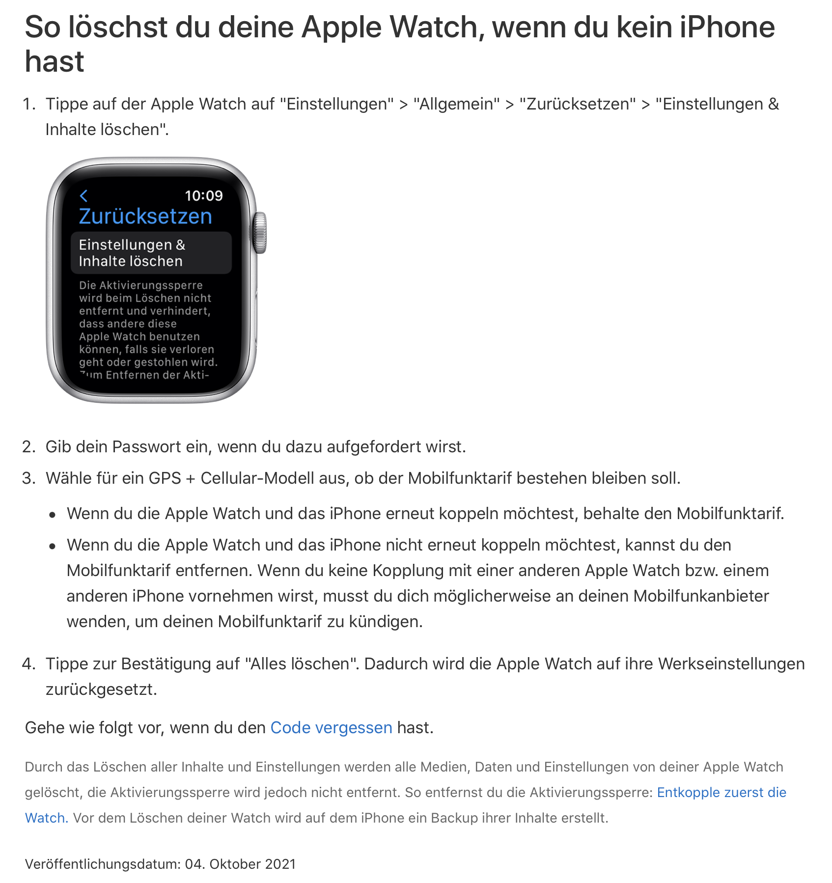 Aktivierungssperre auf Apple Watch nach L… Apple Community