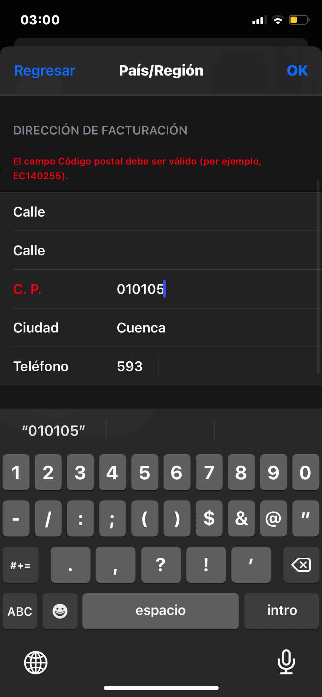 No me acepta mi código postal y esta c… Comunidad de Apple