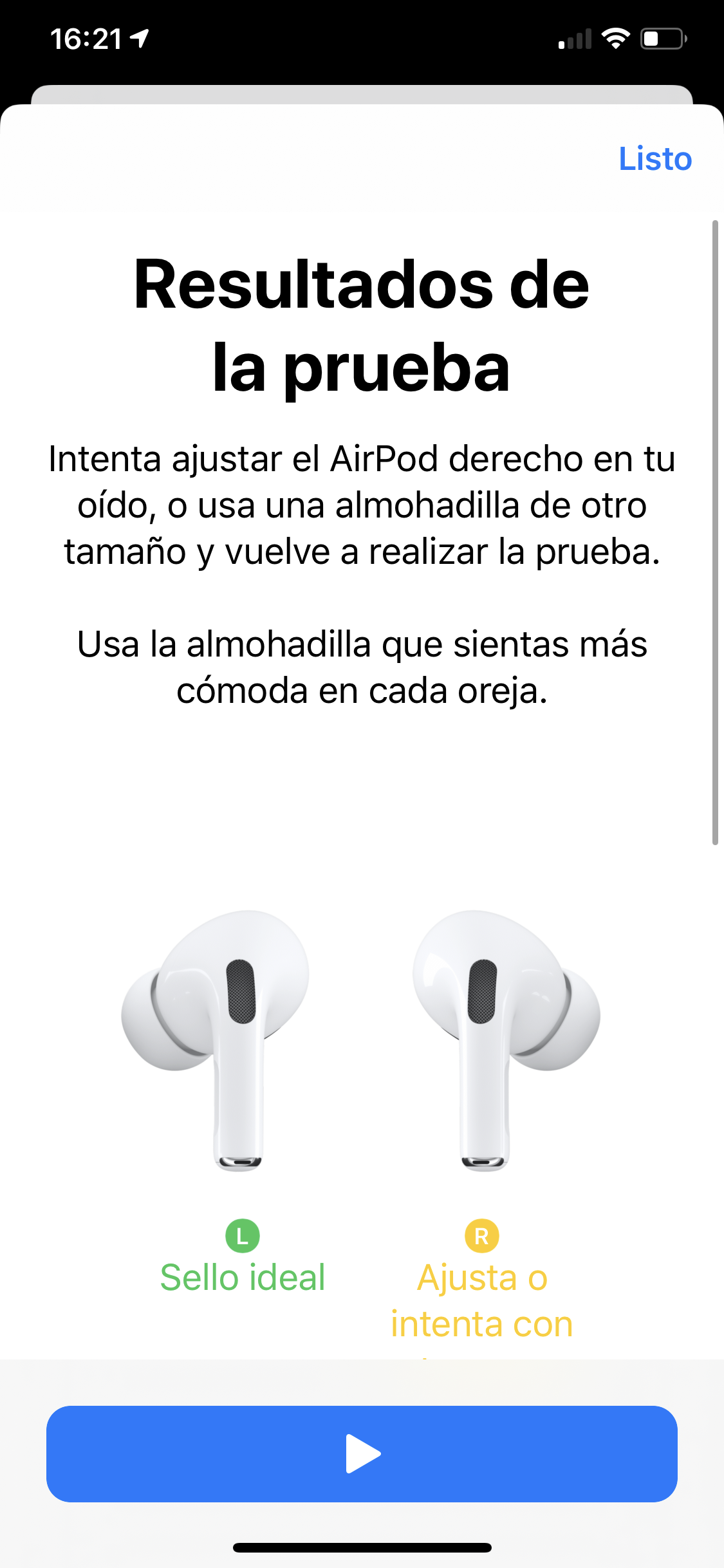 Error en prueba de almohadillas AirPod… - Comunidad de Apple