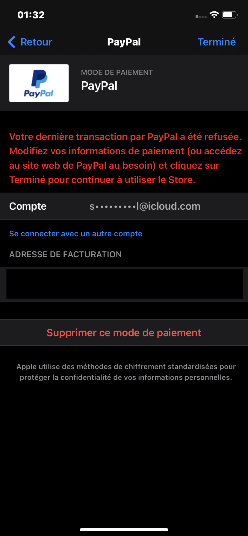 Mode de paiement refusé dans l