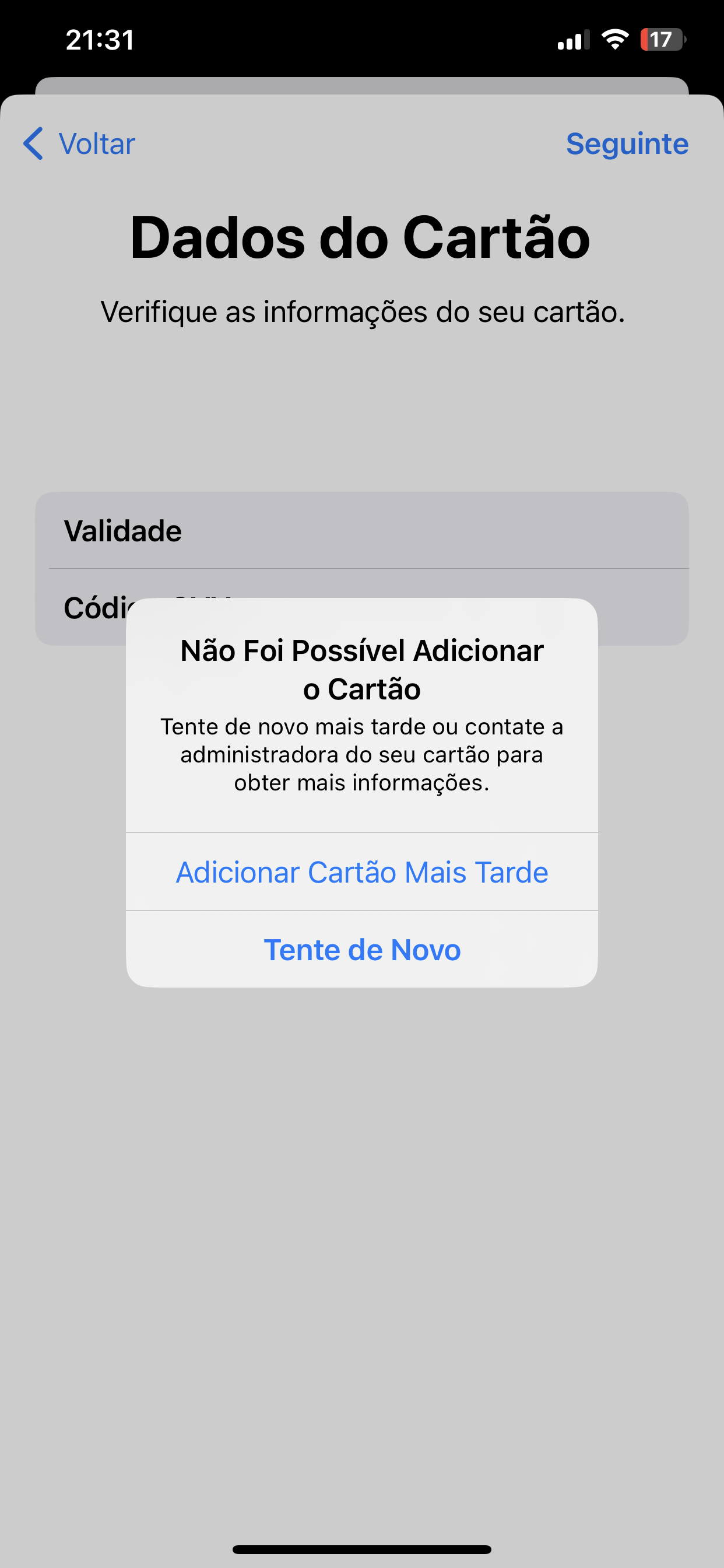 Não consigo por cartão para pagar a minha… - Apple Community