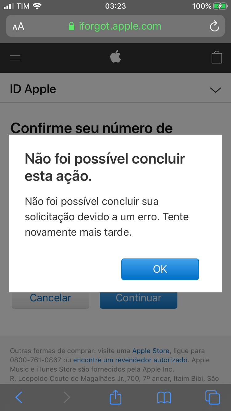 Não foi possível enviar a solicitação de autenticação ao provedor